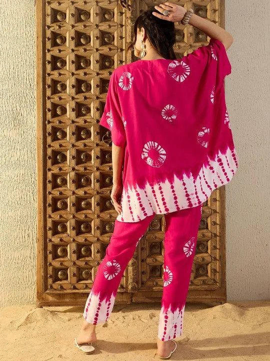 Women Pink Tie & Dyed V-Neck Kaftan Top & Trouser Co-ord Sets