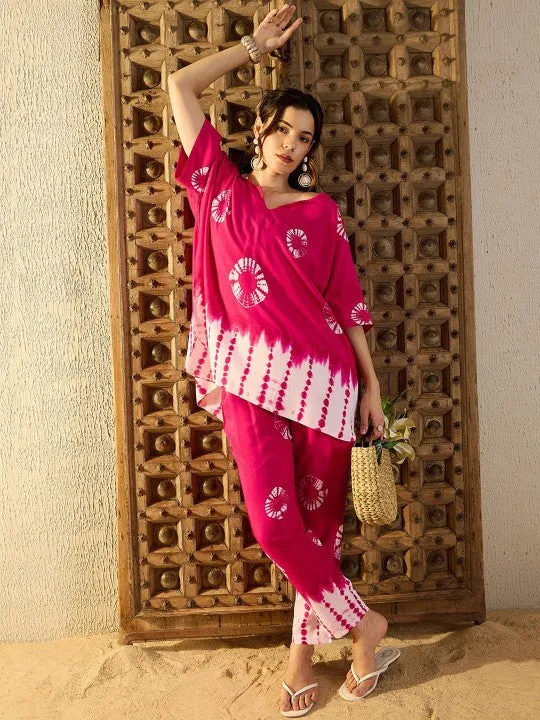 Women Pink Tie & Dyed V-Neck Kaftan Top & Trouser Co-ord Sets