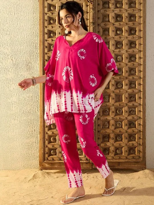 Women Pink Tie & Dyed V-Neck Kaftan Top & Trouser Co-ord Sets