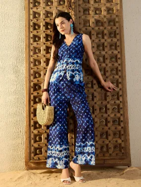 Women Waist Coat and Pants Set in Blue Tie & Dye Co-ord Sets