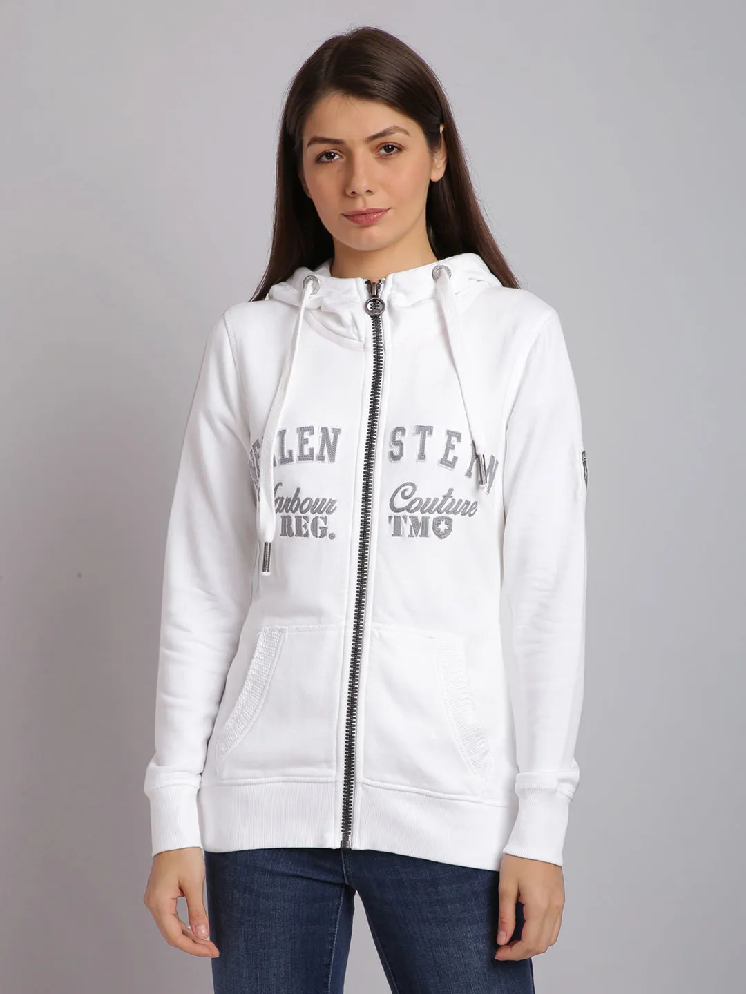 Women White Embroidered Zip Hooded Sweatshirt