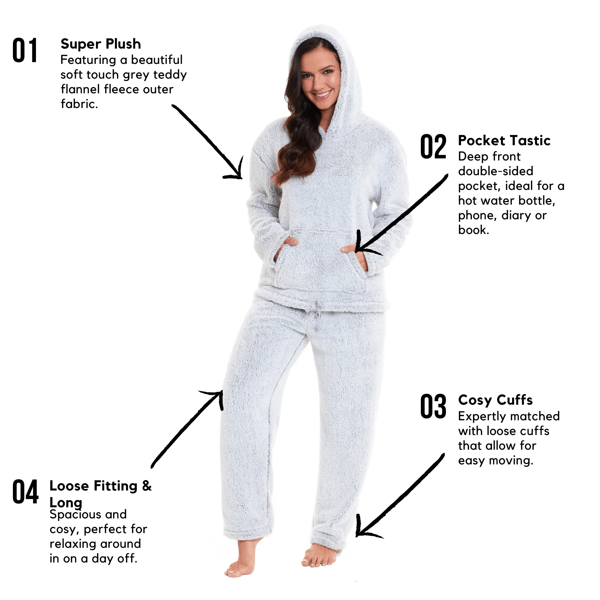 Women's Grey Plush Fleece Hooded Pyjama Set Soft Cosy Nightwear Teddy Fabric Loungewear Available in Sizes UK 8-22 by Daisy Dreamer