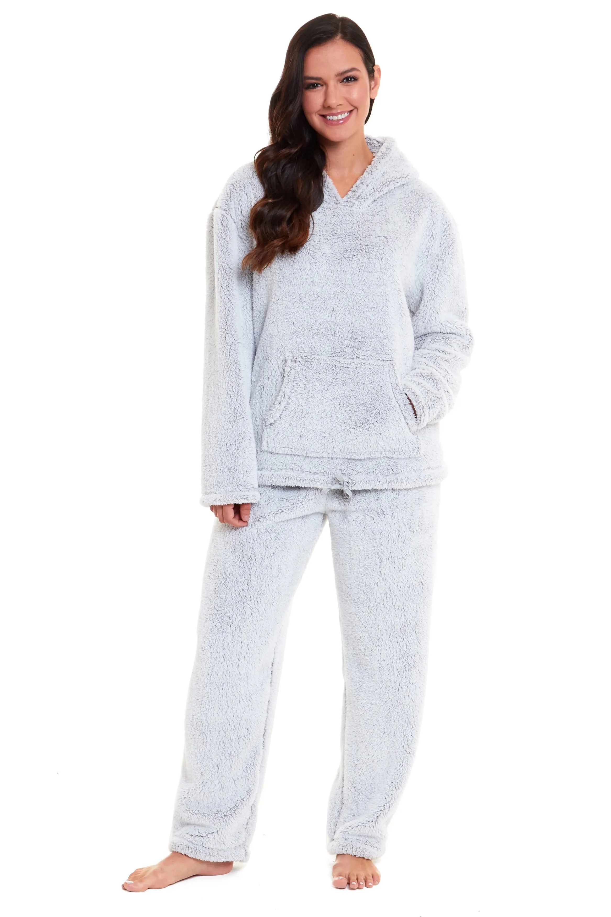 Women's Grey Plush Fleece Hooded Pyjama Set Soft Cosy Nightwear Teddy Fabric Loungewear Available in Sizes UK 8-22 by Daisy Dreamer