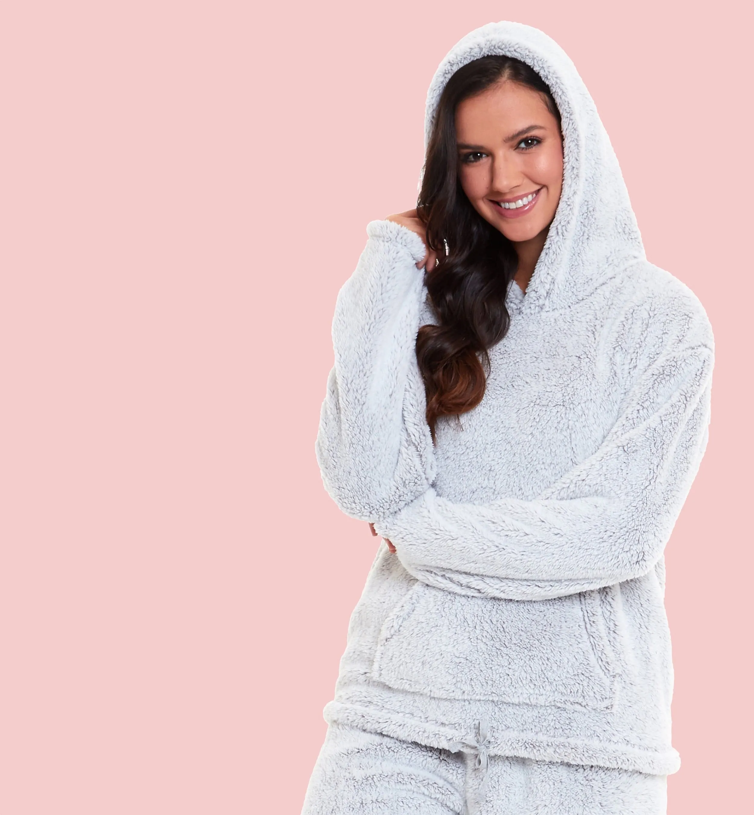 Women's Grey Plush Fleece Hooded Pyjama Set Soft Cosy Nightwear Teddy Fabric Loungewear Available in Sizes UK 8-22 by Daisy Dreamer