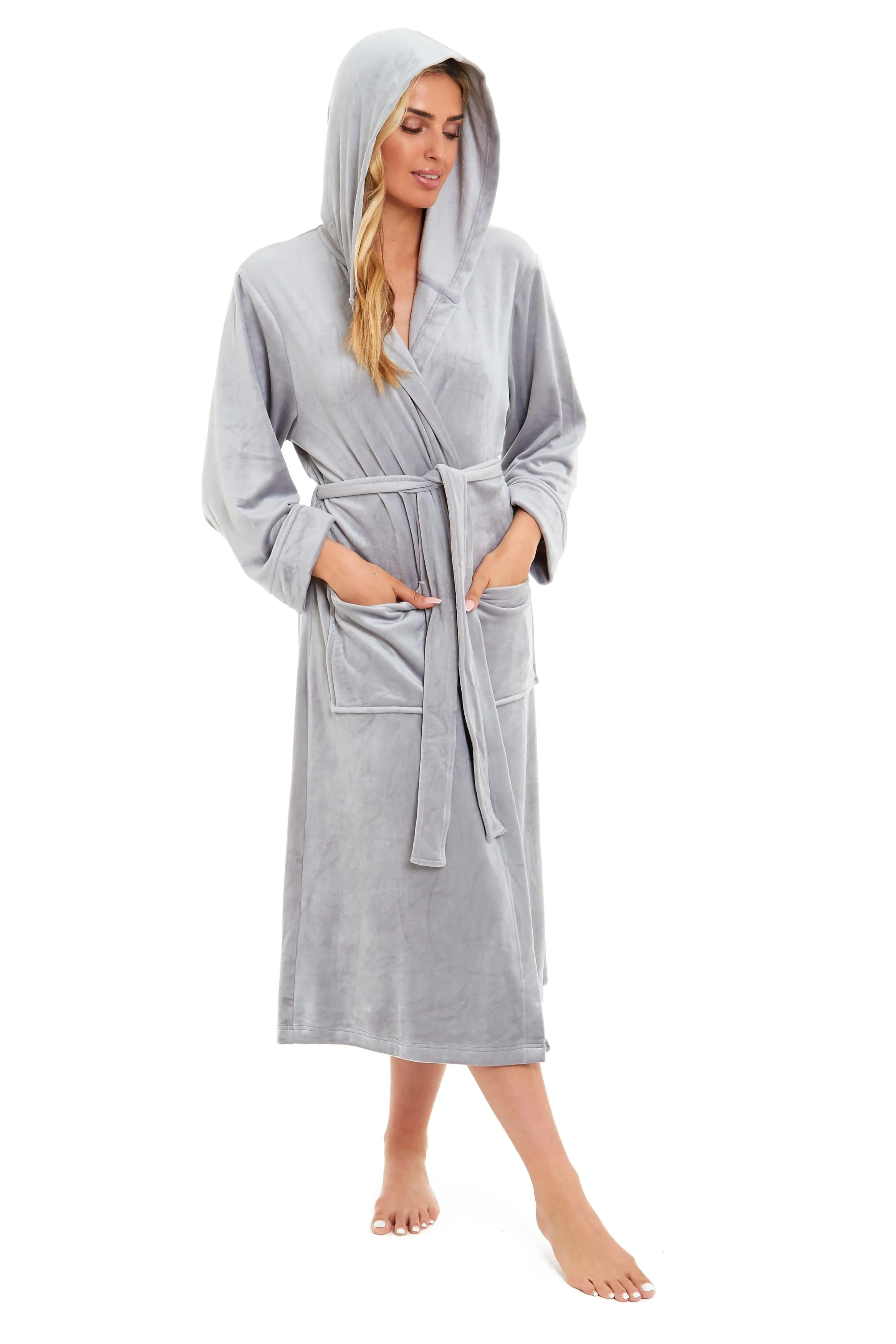 Women's Luxurious Velour Hooded Bathrobe Soft Touch Stretch Loungewear Elegant Comfort by Daisy Dreamer