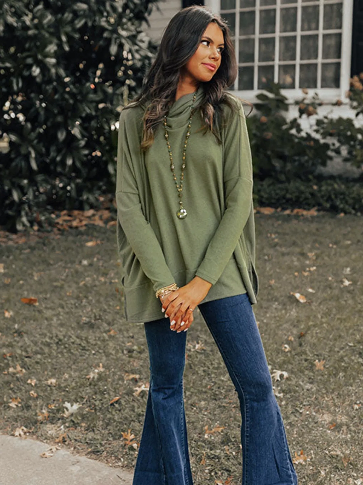 Womens Olive Green Cowl Neck Long Sleeve Tunic Top