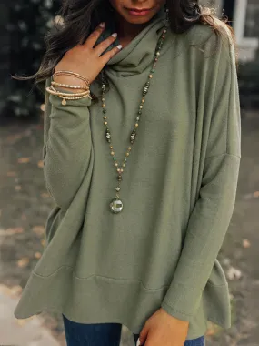 Womens Olive Green Cowl Neck Long Sleeve Tunic Top