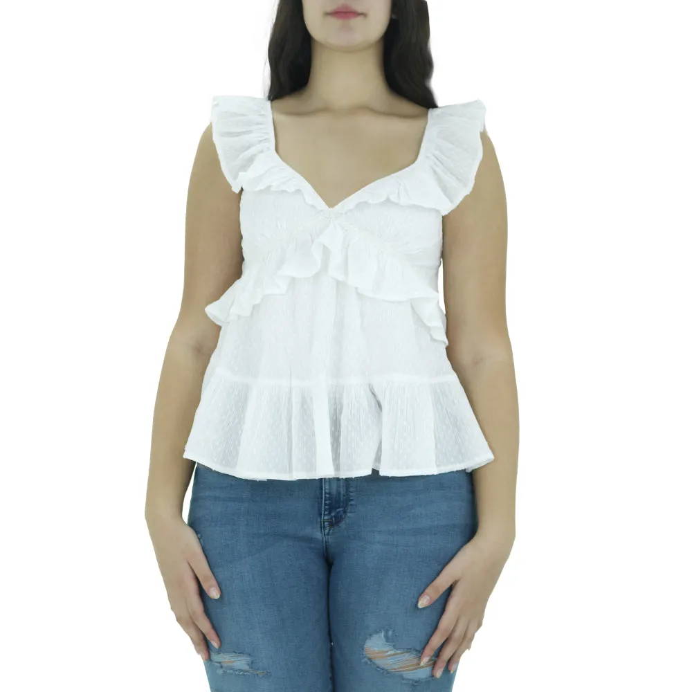 Women's Ruffle and Embroidered Top,White