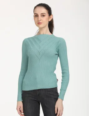 Women's Self Design Turquoise Round Neck Sweater