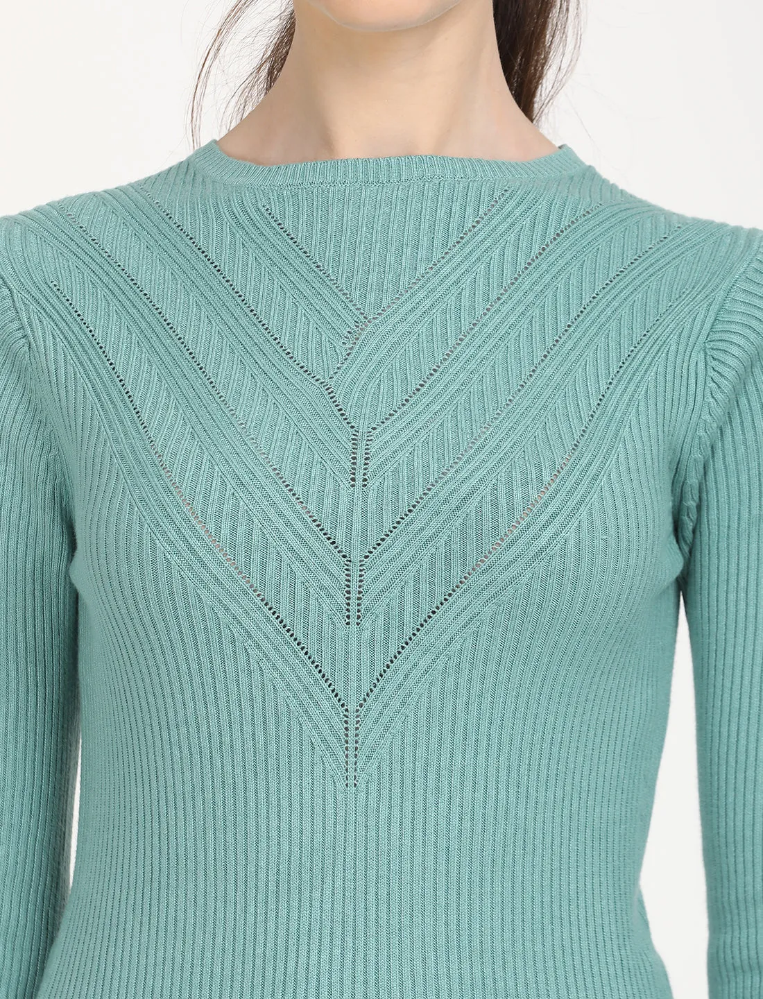 Women's Self Design Turquoise Round Neck Sweater