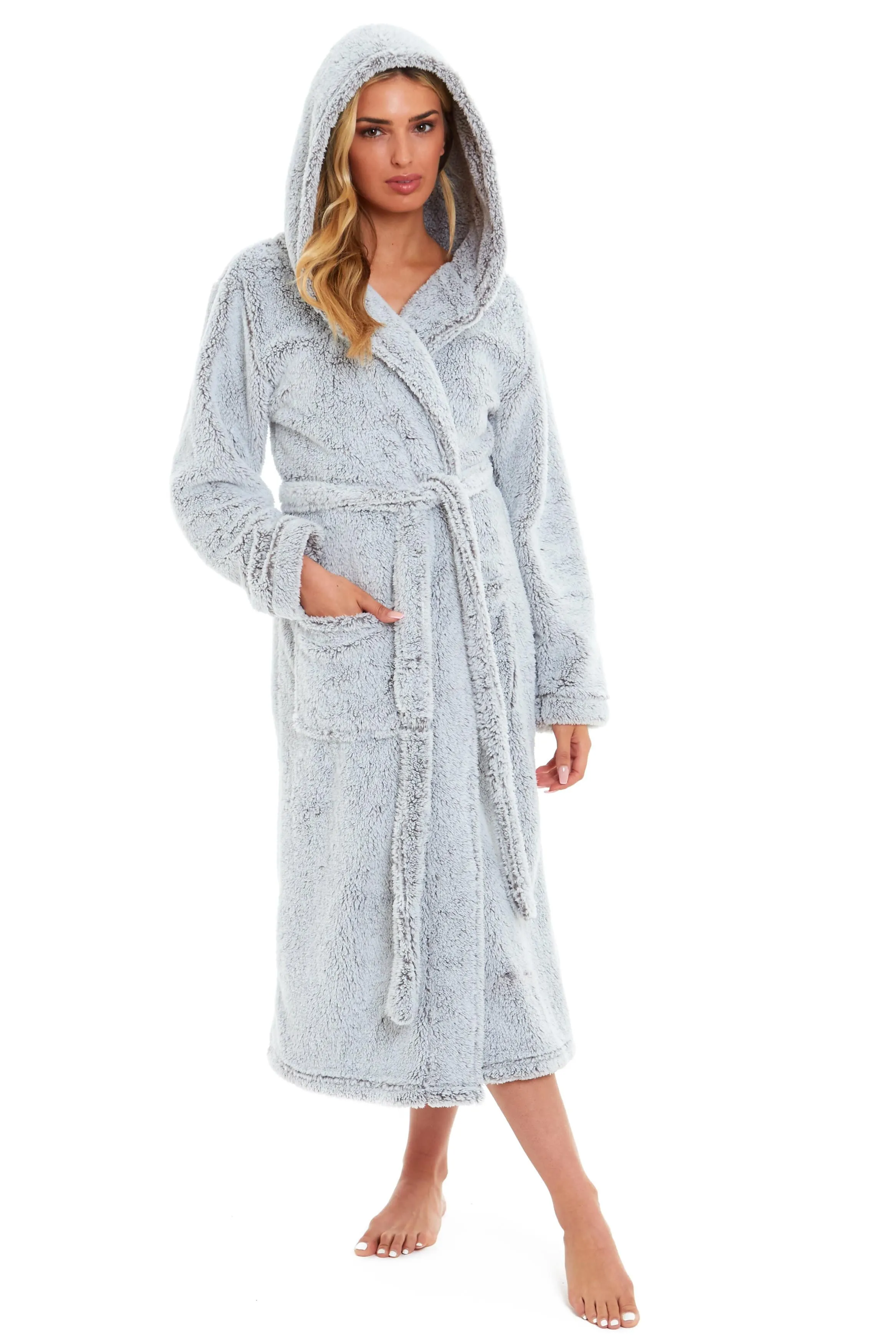 Women's Shimmer Grey Luxurious Velvet Fleece Hooded Dressing Gown for Ultimate Comfort by Daisy Dreamer