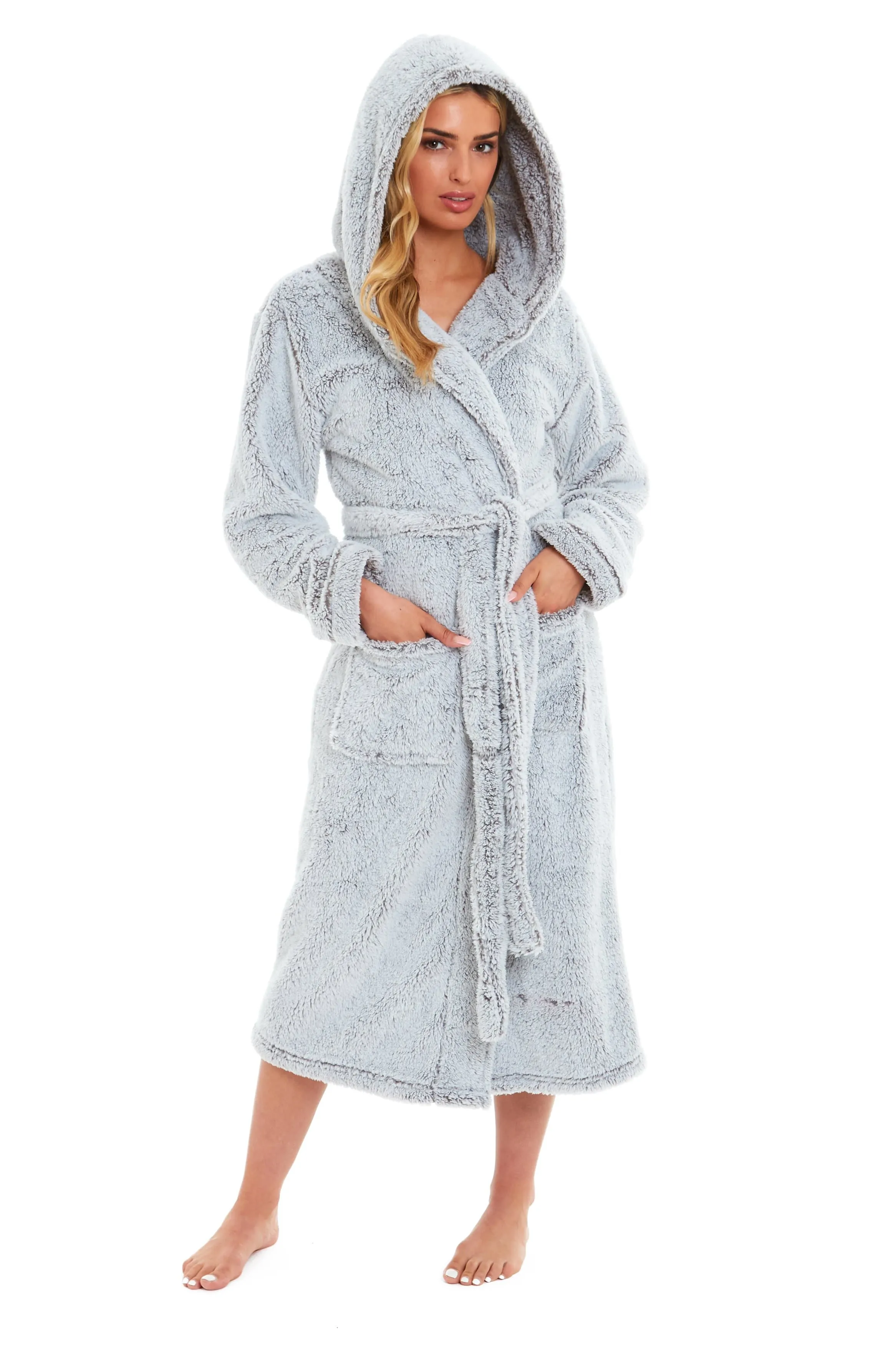 Women's Shimmer Grey Luxurious Velvet Fleece Hooded Dressing Gown for Ultimate Comfort by Daisy Dreamer