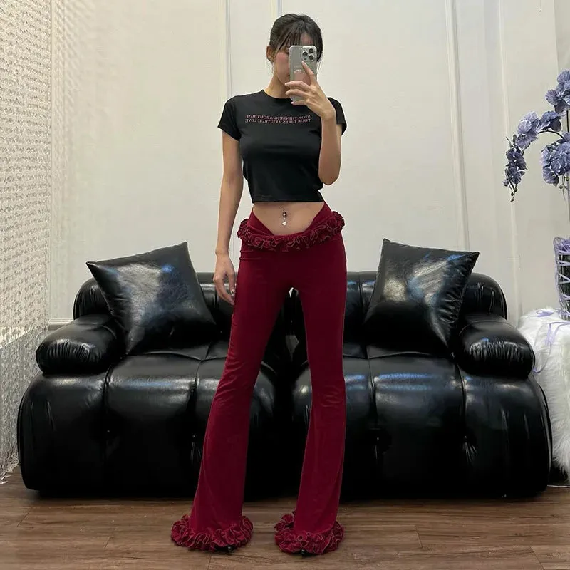 YESMYTOOL  -   Ruffled Lace High Elasticity Trousers For Women New Slim Fit Low-waist Navel-Baring Summer Hot Girl Solid Patchwork Pants