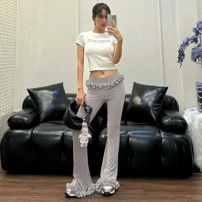 YESMYTOOL  -   Ruffled Lace High Elasticity Trousers For Women New Slim Fit Low-waist Navel-Baring Summer Hot Girl Solid Patchwork Pants