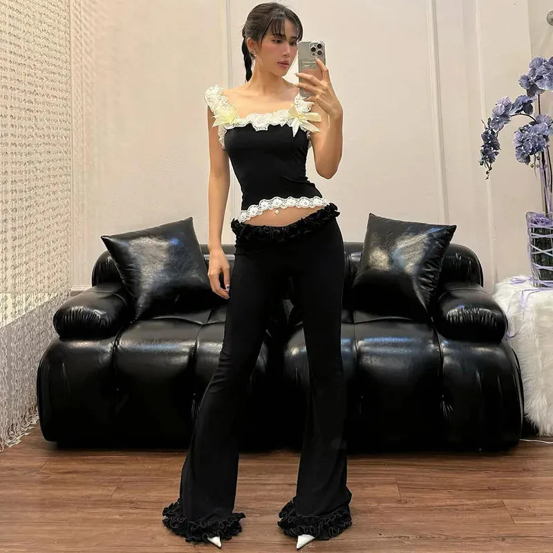 YESMYTOOL  -   Ruffled Lace High Elasticity Trousers For Women New Slim Fit Low-waist Navel-Baring Summer Hot Girl Solid Patchwork Pants