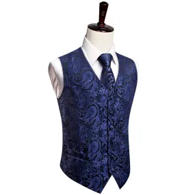 YourTies Blue Purple V-Neck Waistcoat Men Silk Paisley Vest Tie Set