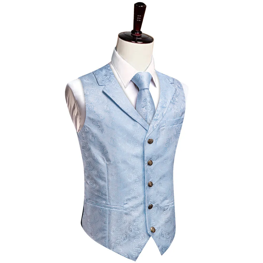 YourTies Light Blue V-Neck Waistcoat Men Silk Paisley Vest Necktie Set