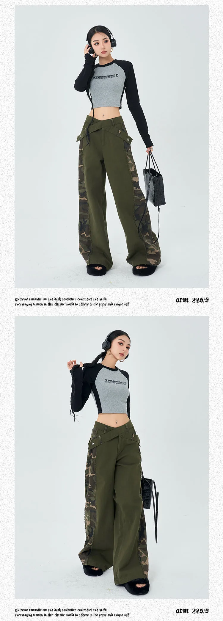 ZEROCIRCLE Patchwork Long Sleeve Casual Cropped Top